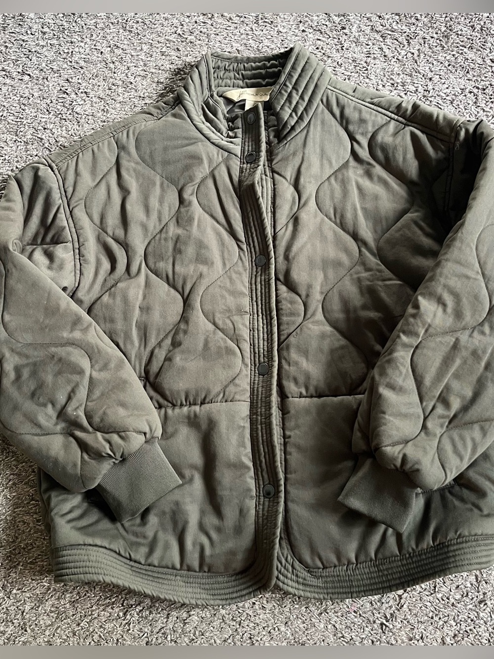 Olive Green Quilted Button Jacket Pockets Medium Fall